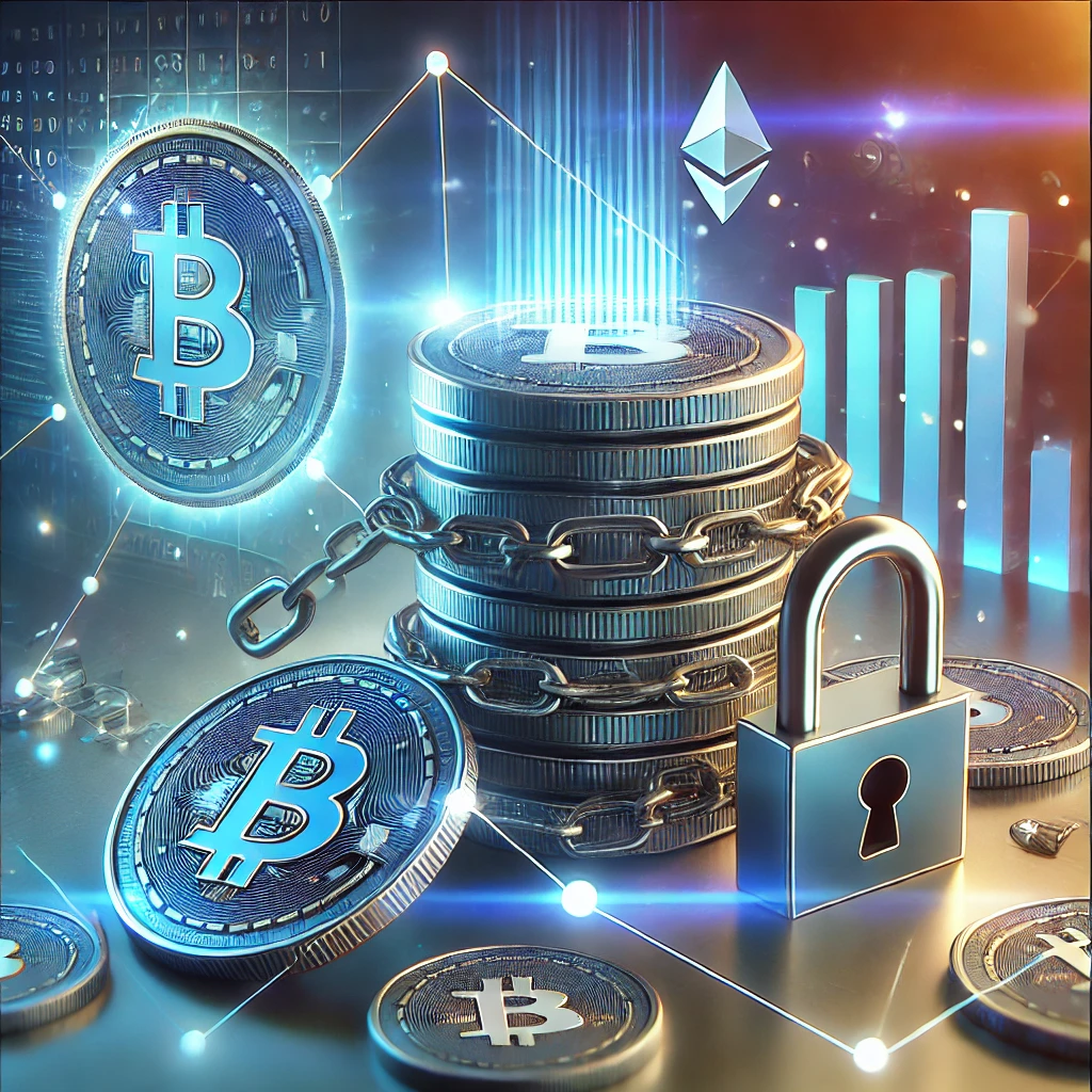 A digital illustration representing the concept of crypto staking, featuring a futuristic stack of digital coins or tokens locked securely with chains