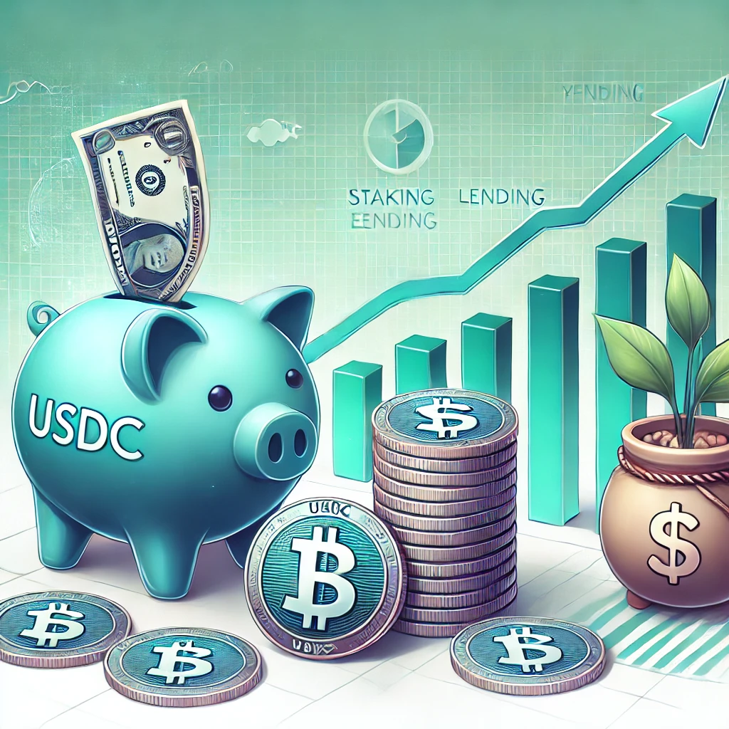 A digital illustration showcasing a stack of USDC (USD Coin) stablecoins next to a piggy bank and a growth chart, symbolizing stable and passive earni