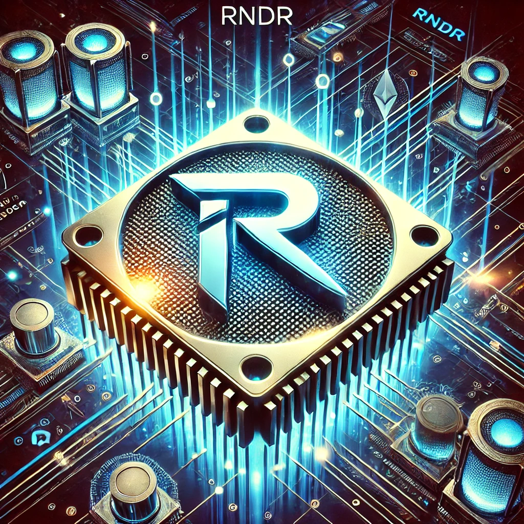 A digital-themed image showcasing RENDER (RNDR) cryptocurrency, with a futuristic background symbolizing decentralized GPU rendering. The design shoul