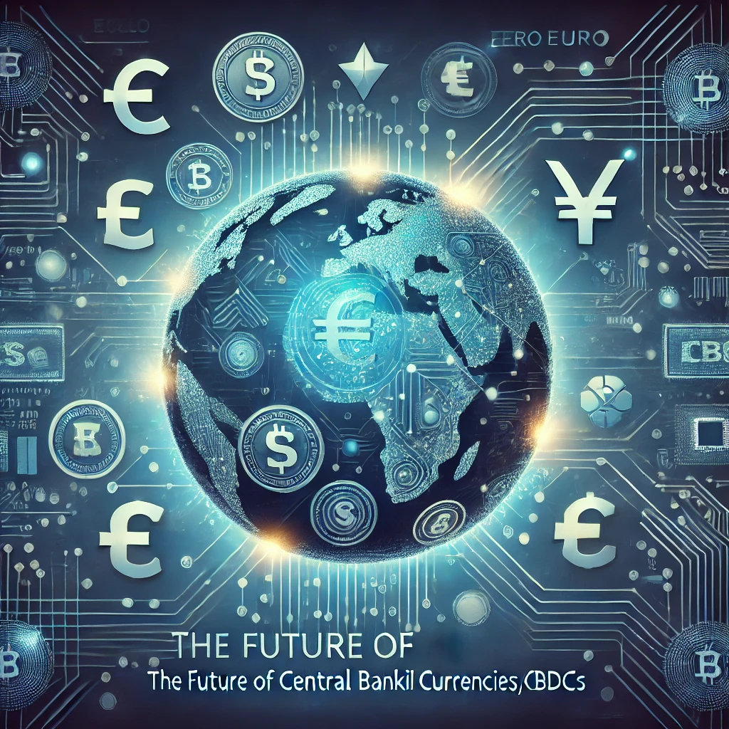 An image illustrating the future of Central Bank Digital Currencies (CBDCs). Depict a digital globe surrounded by various national currencies transfor
