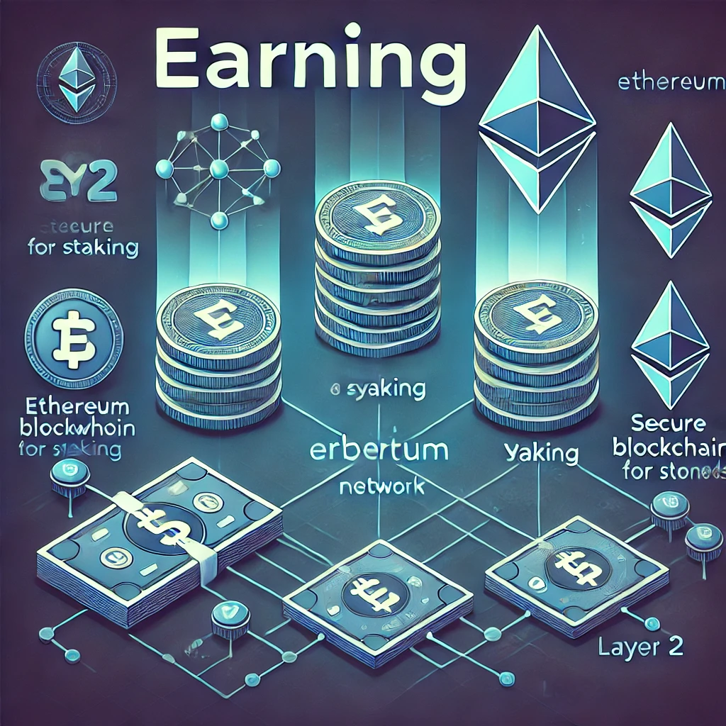An informative image depicting the concept of earning with the Arbitrum (ARB) cryptocurrency. The image features symbols of growth, like stacked coins