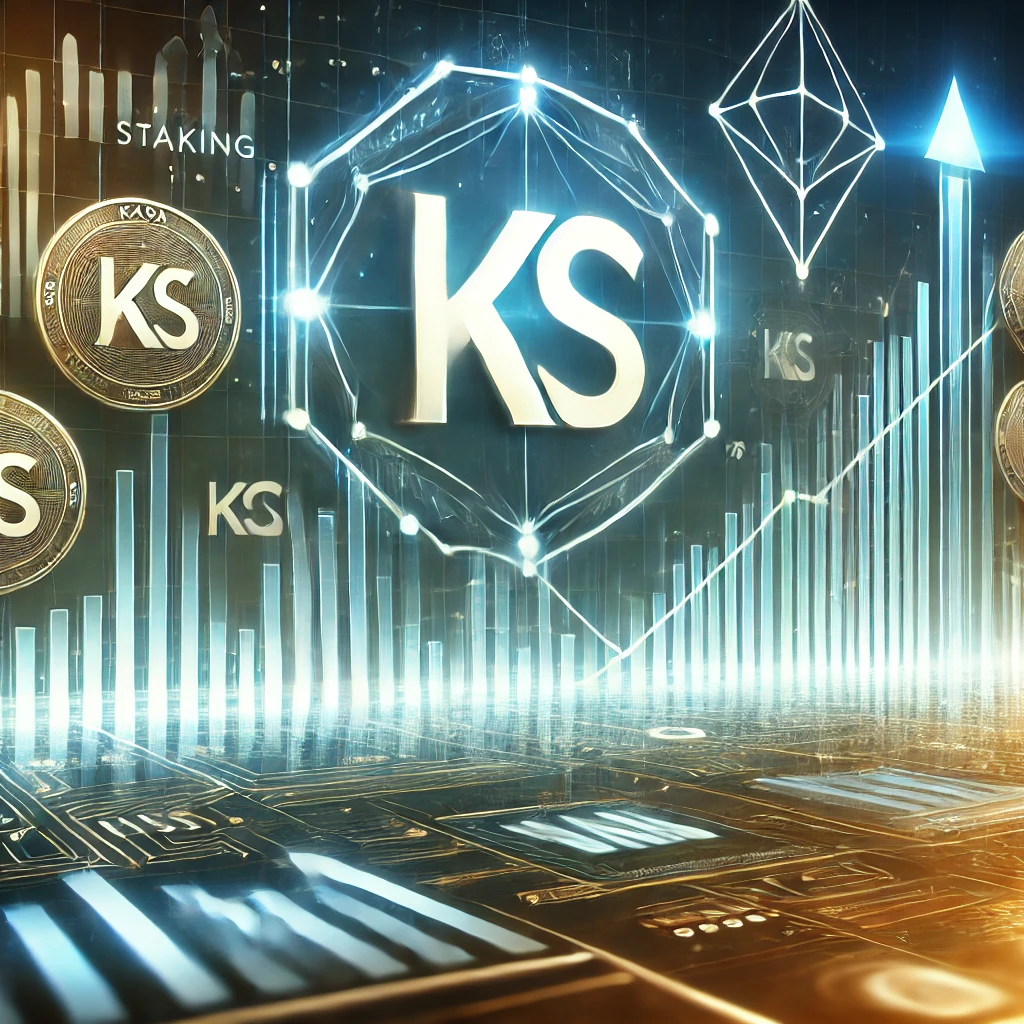 Create a visually engaging image that represents KAS staking, ideal for an article header. Show the Kaspa cryptocurrency logo prominently with abstrac