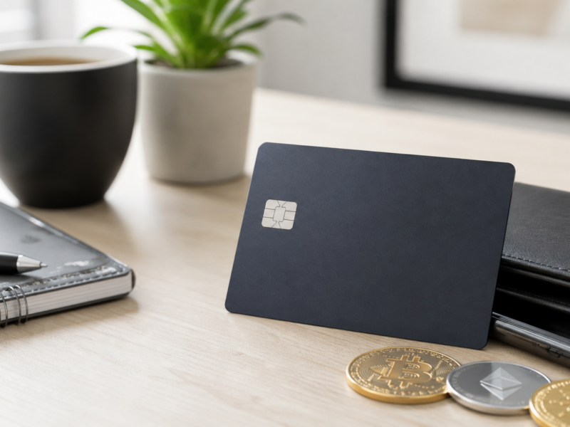 Generic crypto payment card beside a phone wallet silhouette.