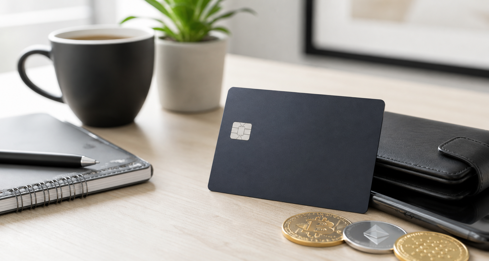 Generic crypto payment card beside a phone wallet silhouette.