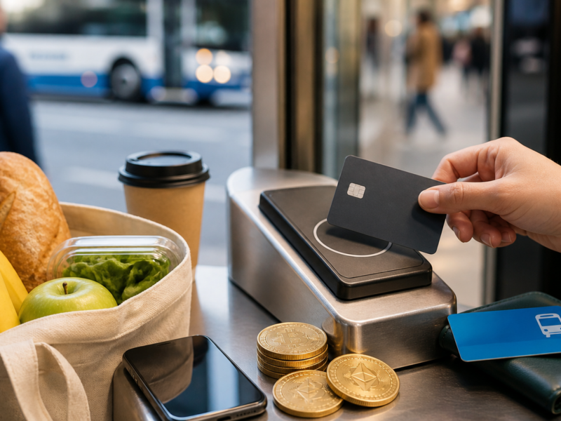 Everyday purchases with a generic crypto payment card and digital currency tokens.