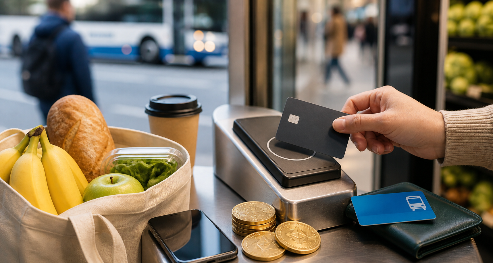 Everyday purchases with a generic crypto payment card and digital currency tokens.
