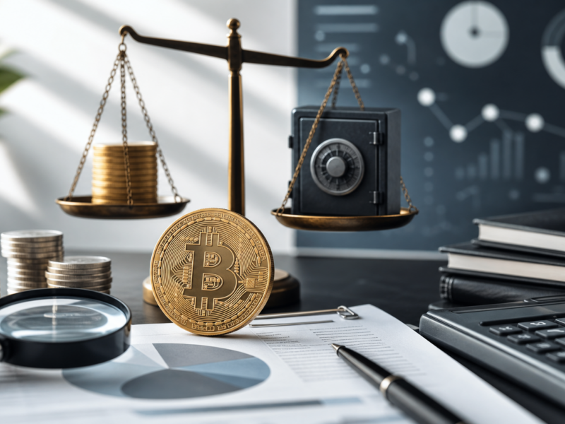 Editorial image of Bitcoin collateral, balance scales, charts, and loan documents for comparing BTC loan risk.