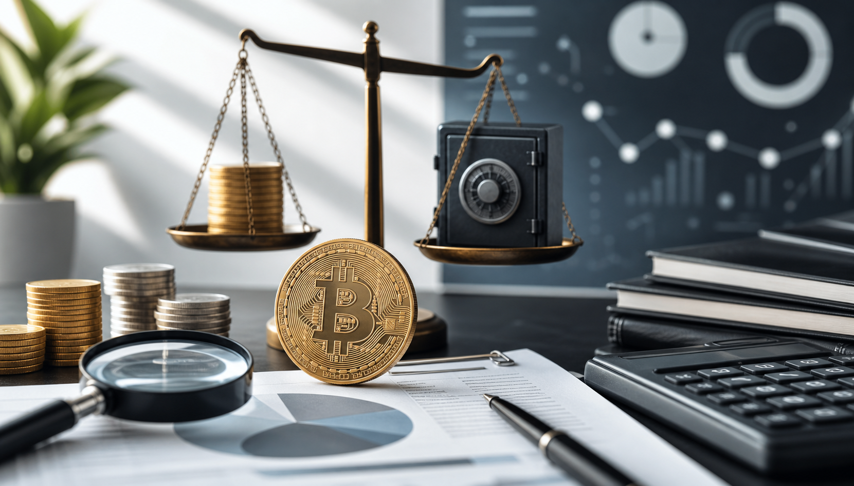 Editorial image of Bitcoin collateral, balance scales, charts, and loan documents for comparing BTC loan risk.