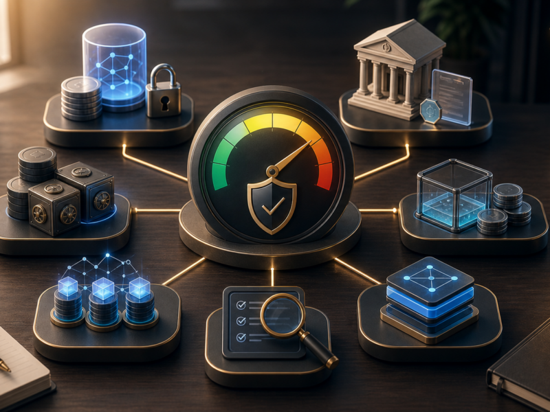 Editorial hero image of generic crypto income modules arranged around a central risk gauge and security shield.