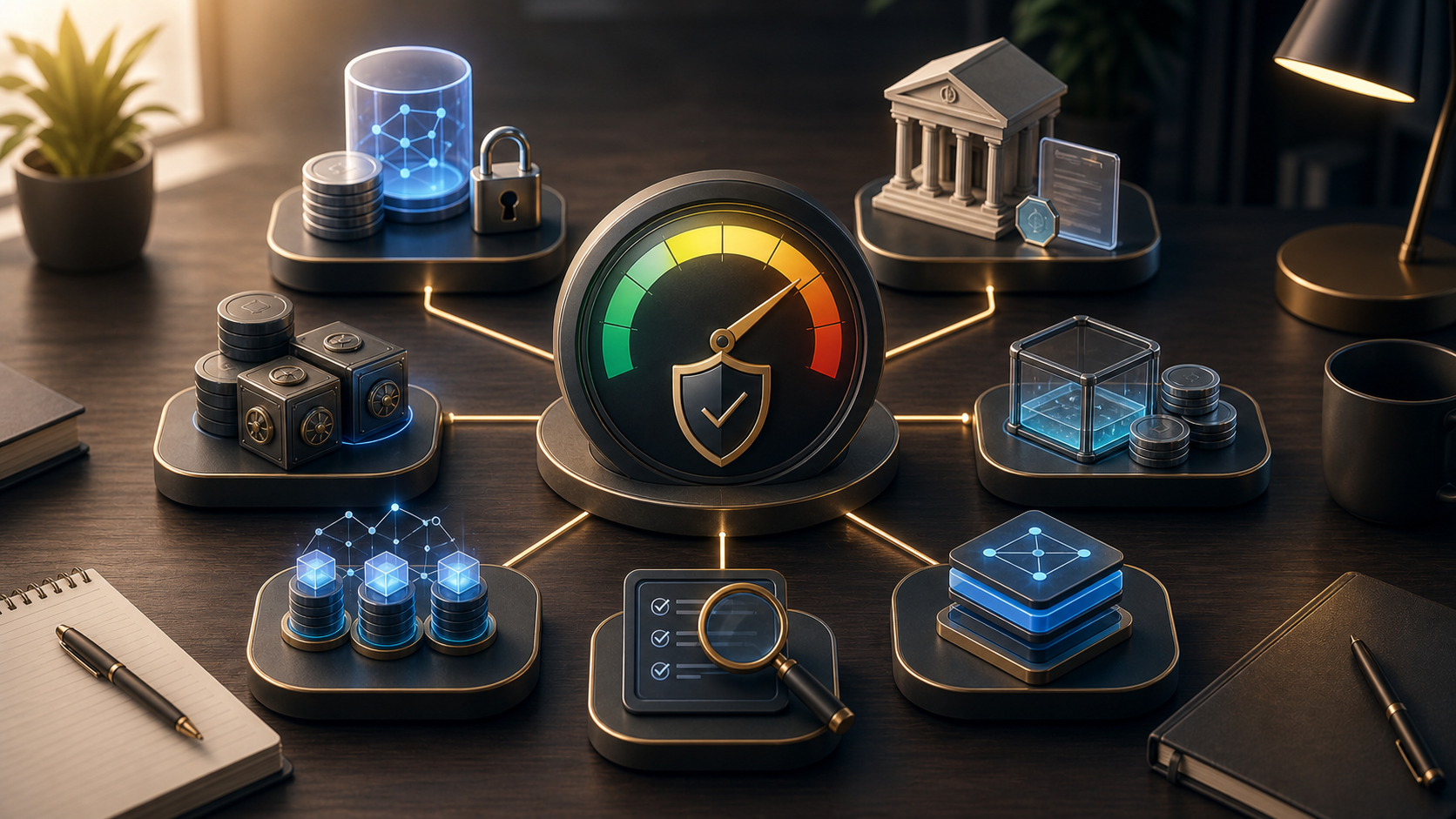 Editorial hero image of generic crypto income modules arranged around a central risk gauge and security shield.