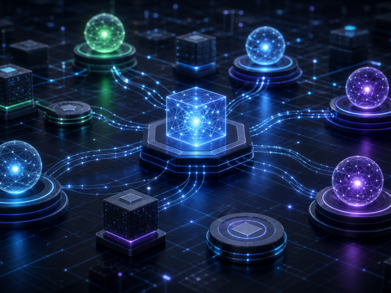 Abstract AI agent network coordinating blockchain transactions securely.
