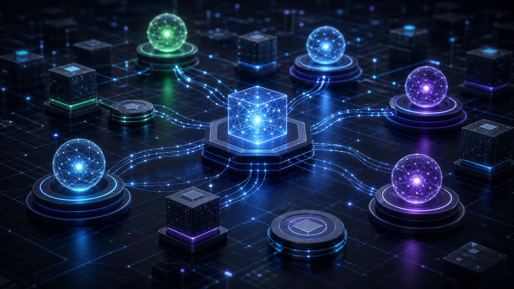 Abstract AI agent network coordinating blockchain transactions securely.