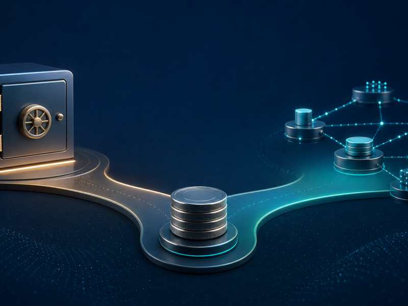 Editorial illustration comparing custodial savings with decentralized lending and liquidity paths.