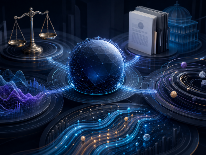 Editorial illustration of five connected crypto market forces: regulation, funds, rotation, leverage, and liquidity.