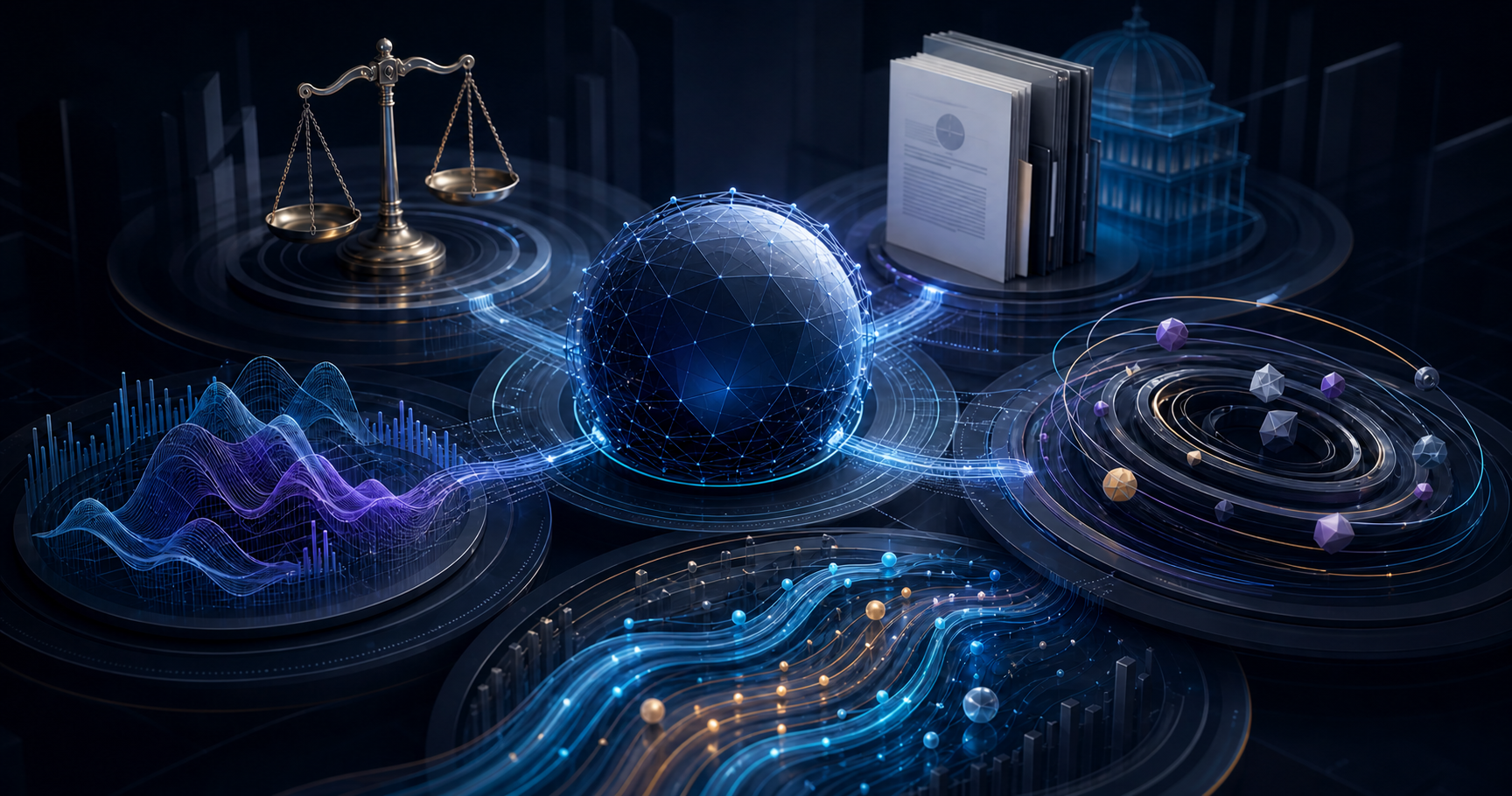 Editorial illustration of five connected crypto market forces: regulation, funds, rotation, leverage, and liquidity.