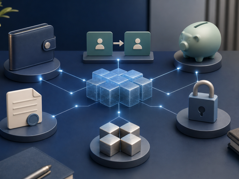 Editorial illustration of blockchain connecting payments, savings, custody, and everyday financial services.