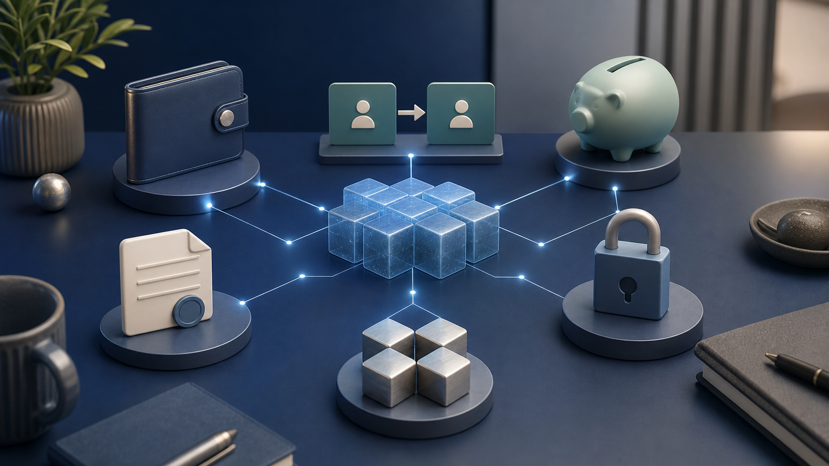 Editorial illustration of blockchain connecting payments, savings, custody, and everyday financial services.