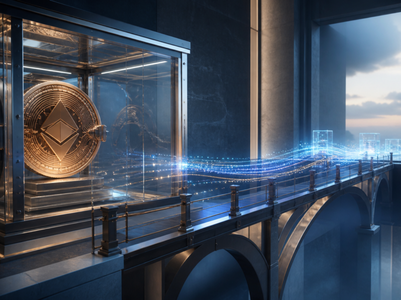 A digital asset locked in a transparent vault while a bridge carries a separate liquidity stream.