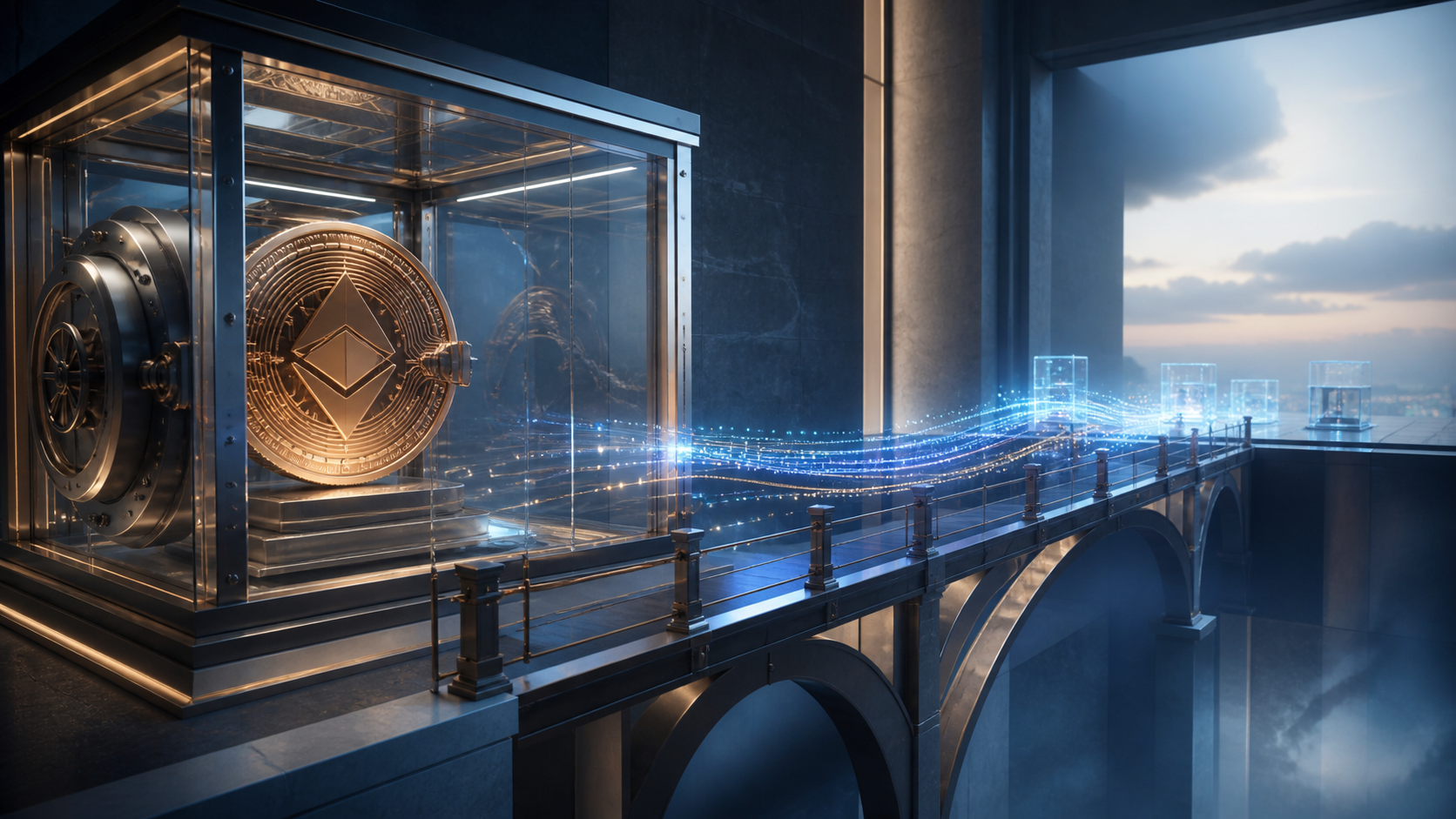 A digital asset locked in a transparent vault while a bridge carries a separate liquidity stream.