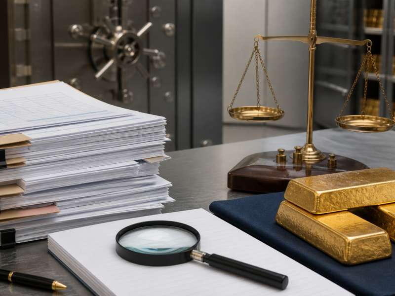 Audit papers, a balance scale, gold bars, and a secure vault representing stablecoin reserve review.