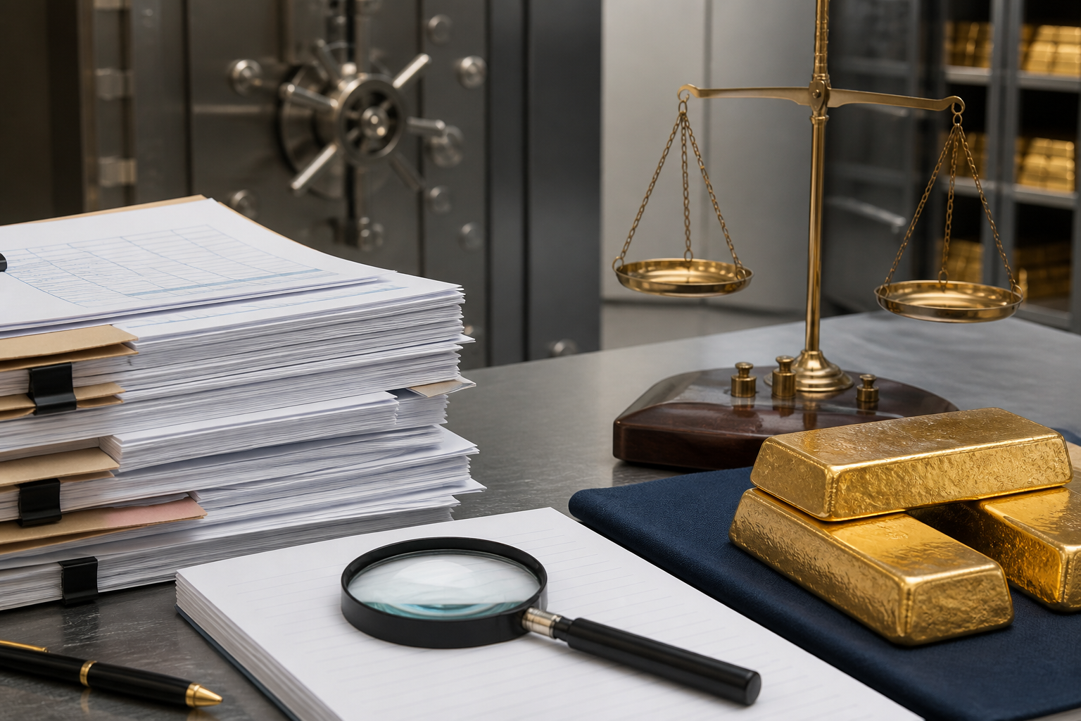 Audit papers, a balance scale, gold bars, and a secure vault representing stablecoin reserve review.