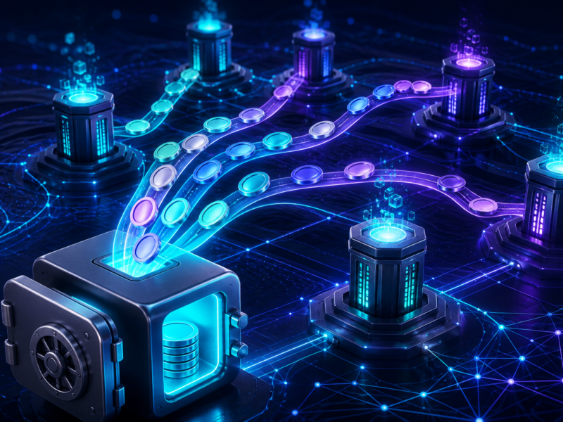 Editorial illustration of SOL-like digital assets delegated across a validator network.