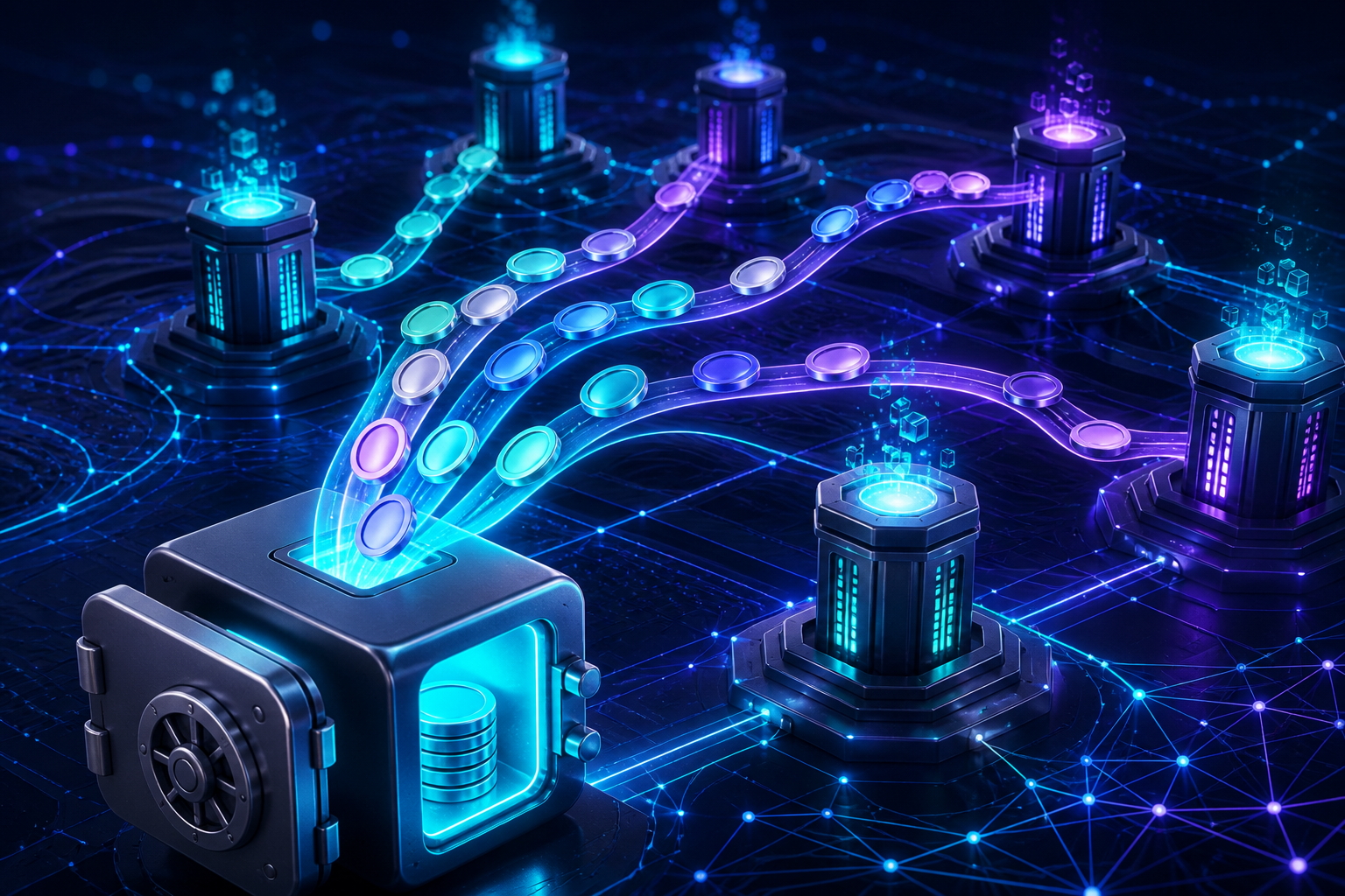 Editorial illustration of SOL-like digital assets delegated across a validator network.
