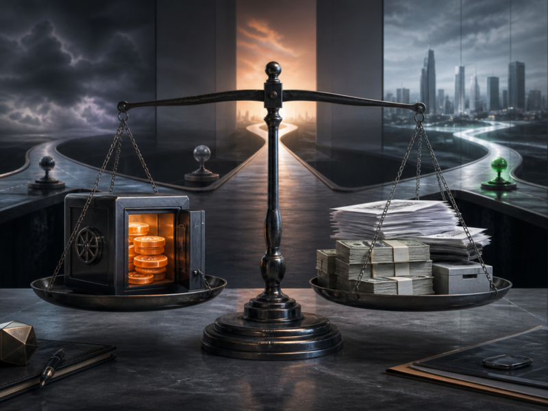 Editorial illustration of a corporate treasury weighing Bitcoin exposure against cash and debt obligations.