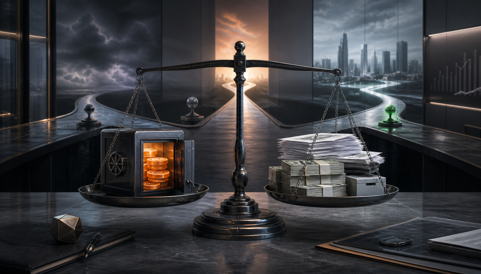 Editorial illustration of a corporate treasury weighing Bitcoin exposure against cash and debt obligations.